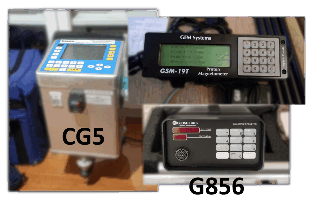 Gravite ve Manyetik Cihazları, Scintrec CG5 Gravite Cihazı, GEM GSM 19T Manyetik Cihazı ve Geometrics G856 Manyetik Cihazı Görselleri